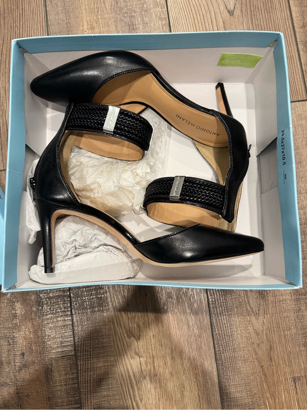 ANTONIO MELANI Black Pointed-Toe Mary Jane Heels with Braided Straps